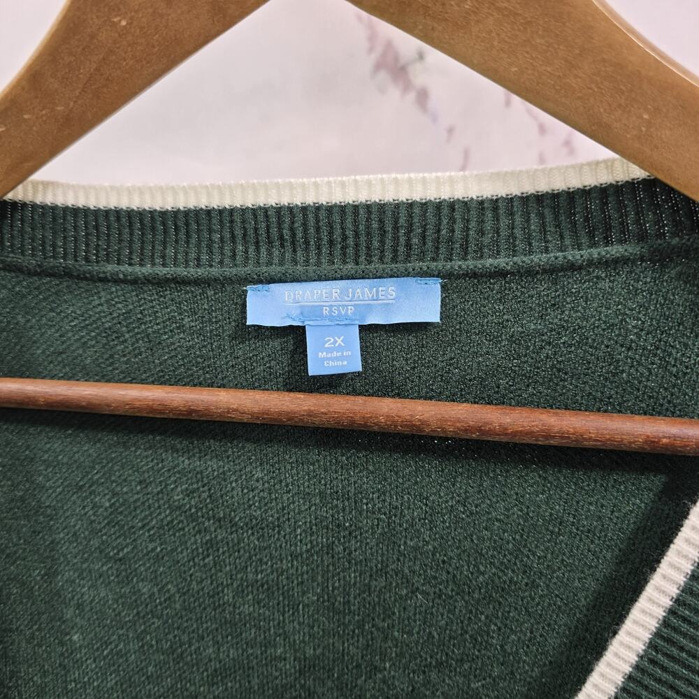 Draper James Sweater Womens 2X Dark Green Cardigan Tie Bow White Trim - Picture 3 of 14